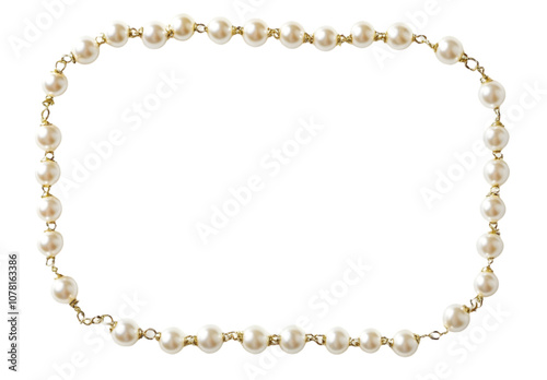 Square gold frame with a few strings of pearls isolated on transparent background, png.