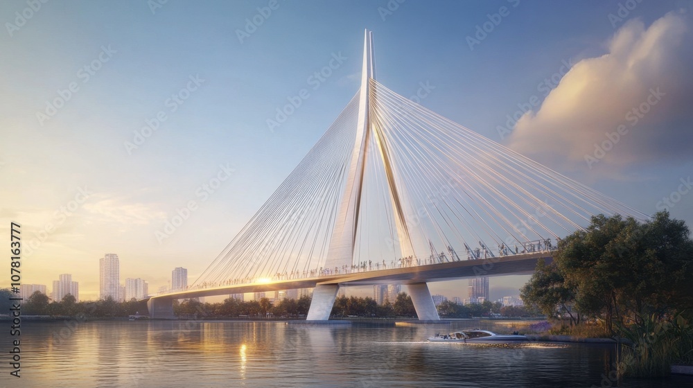 Modern Bridge Over Water at Sunset with City View Modern Bridge Over Water at Sunset with City View