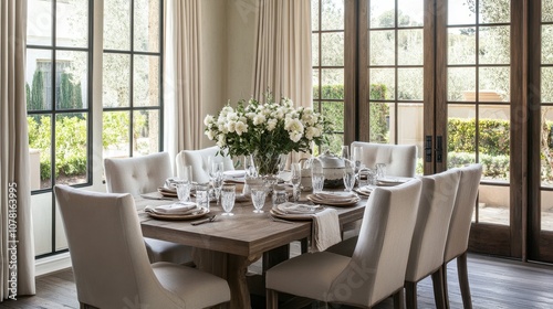 Elegant dining room with natural light and floral centerpiece