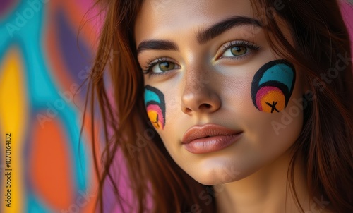 Young woman with colorful face paint photo