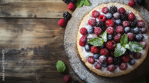 49.A rustic, homemade cake with a simple design, topped with fresh berries, powdered sugar, and mint leaves, sitting on a wooden table for a cozy, homestyle atmosphere.