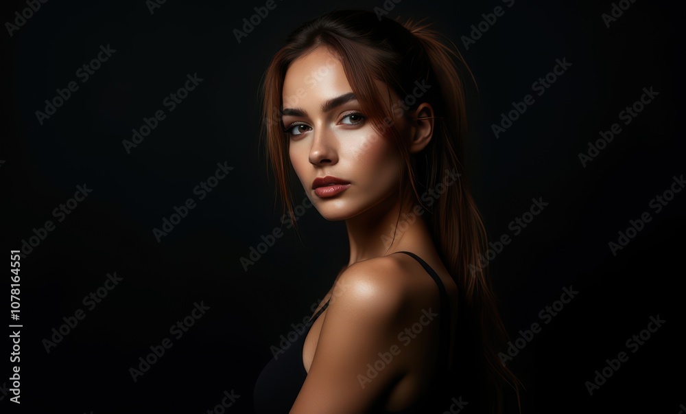 Elegant woman with long hair in a dark setting Elegant woman with long hair in a dark setting