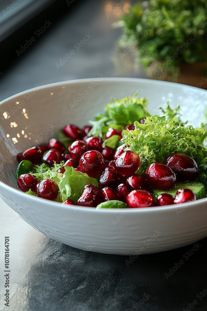 Simple display of a festive salad with pomegranate seeds and greens on a plain white dish, capturing the essence of New Year’s elegance, Simple display of a festive salad with pomegranate seeds and greens on a plain white dish, capturing the essence of New Year’s elegance,