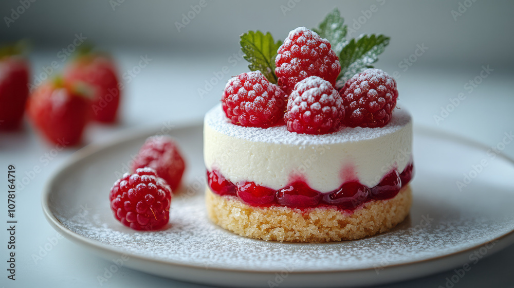 Minimalist dessert with a touch of powdered sugar and a single red berry, set on a plain plate against a white background, Minimalist dessert with a touch of powdered sugar and a single red berry, set on a plain plate against a white background,