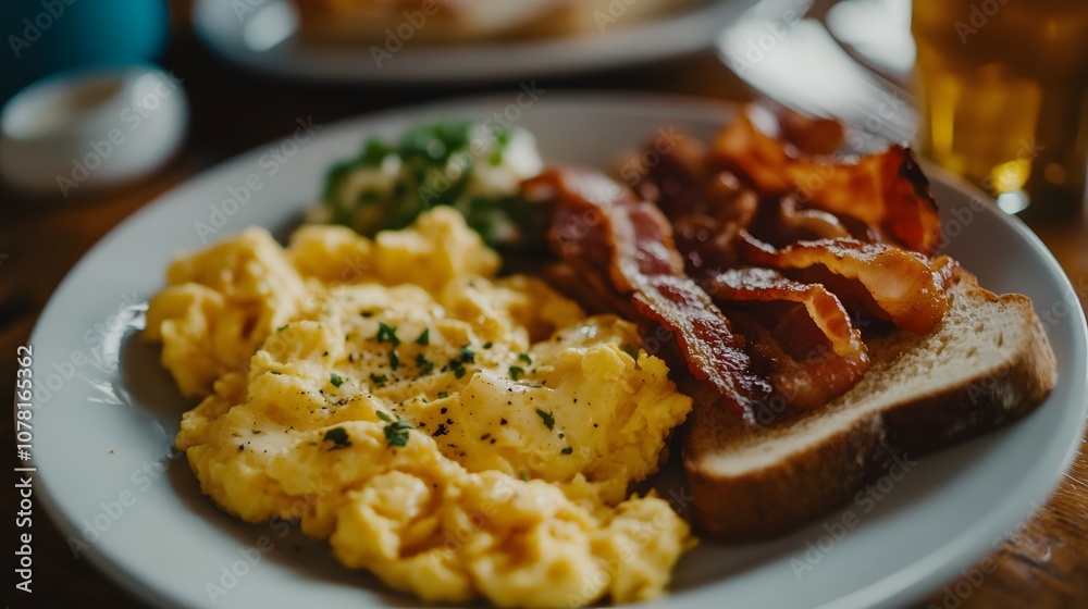 A classic American breakfast, featuring scrambled eggs, crispy bacon, and buttered toast.


