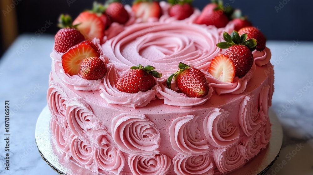 54.A vibrant pink strawberry cake with fluffy pink buttercream frosting, adorned with whole strawberries and delicate strawberry slices arranged in a circular pattern on top. The sides of the cake