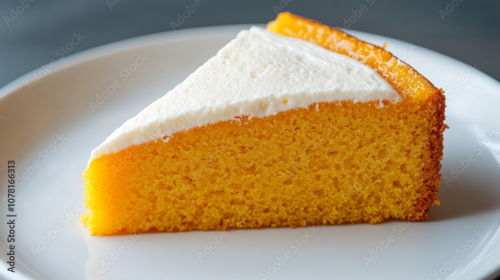 61.A close-up view of a single slice of orange sponge cake, placed on a pristine white plate. The cake is moist and airy, with a rich, golden-orange color. It is topped with a smooth layer of cream, 61.A close-up view of a single slice of orange sponge cake, placed on a pristine white plate. The cake is moist and airy, with a rich, golden-orange color. It is topped with a smooth layer of cream,