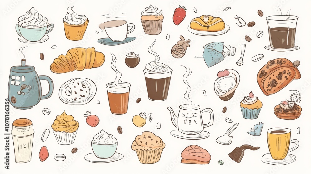 86.A whimsical collection of coffee-themed doodles featuring hand-drawn coffee makers, cups filled with steaming beverages, and a variety of baked goods such as muffins and croissants. Each item is 86.A whimsical collection of coffee-themed doodles featuring hand-drawn coffee makers, cups filled with steaming beverages, and a variety of baked goods such as muffins and croissants. Each item is