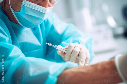 Healthcare professional wearing mask and gloves, following safety protocols in the hospital photo