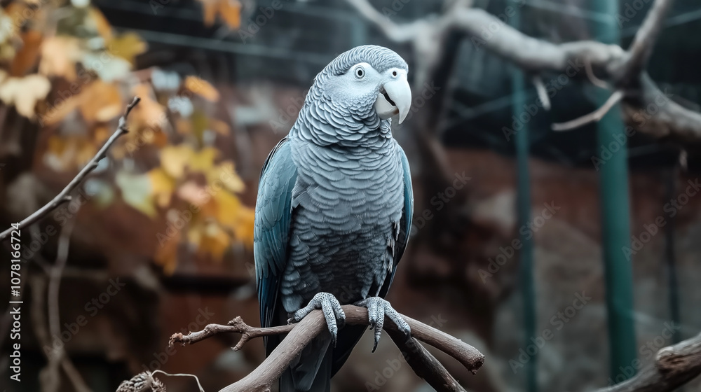 Obraz premium Close-up of an African Grey Parrot perched on a branch in natural habitat with blurred autumn foliage background.