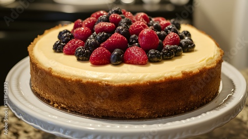 A New York-style cheesecake, rich and creamy cheesecake with a graham cracker crust.