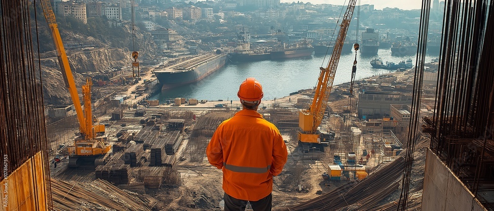 At a port building site, an engineer At a port building site, an engineer