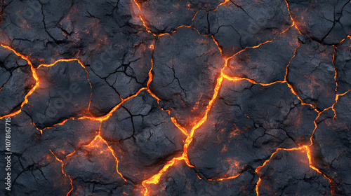 Lava molten texture, top view, volcano magma glow texture in cracking holes realistic. Volcano. Illustration