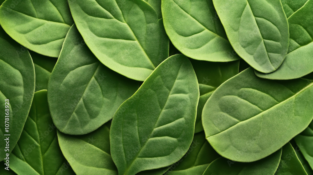 Close-up view of overlapping fresh green leaves with detailed textures, representing nature and organic growth. Close-up view of overlapping fresh green leaves with detailed textures, representing nature and organic growth.
