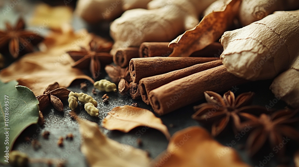 Cinnamon sticks, ginger roots, star anise, cardamom pods, and dried leaves arranged on a dark background, evoking a warm and aromatic autumn scene Cinnamon sticks, ginger roots, star anise, cardamom pods, and dried leaves arranged on a dark background, evoking a warm and aromatic autumn scene
