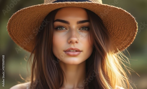 Young woman with long hair and a hat