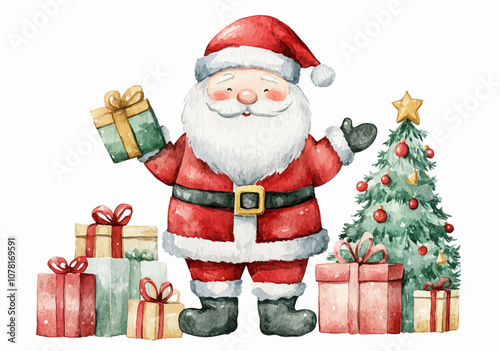Santa Claus with christmas giftbox watercolor vector illustration,Merry Christmas
