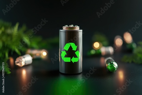Lithium battery encircled by eco-friendly symbols representing sustainability and green energy solutions.