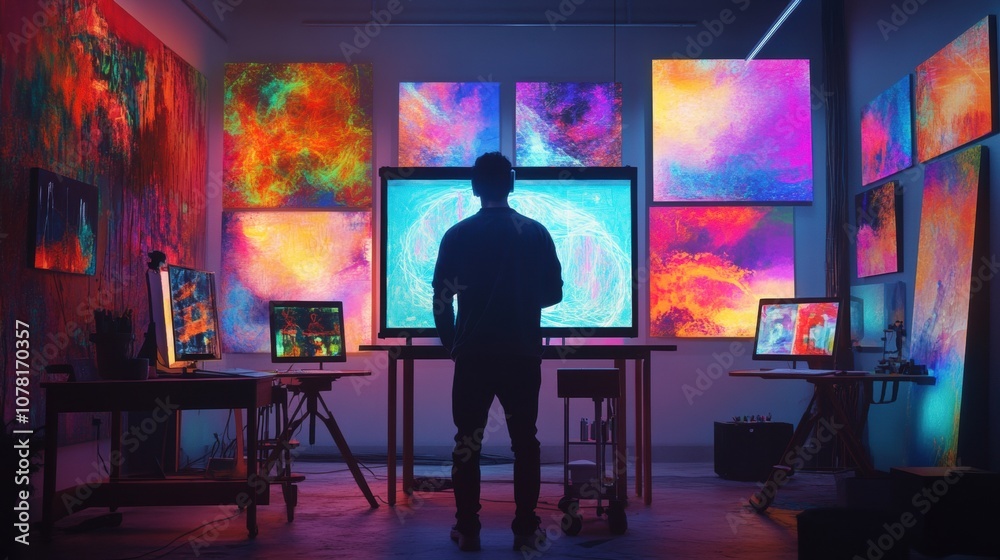 Artist with a neural chip, creating digital artwork with assistance from AI-driven cognitive prompts in the futuristic studio setup Artist with a neural chip, creating digital artwork with assistance from AI-driven cognitive prompts in the futuristic studio setup