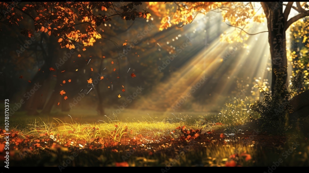 Fototapeta premium Serene Autumn Scene with Sunlight and Colorful Foliage