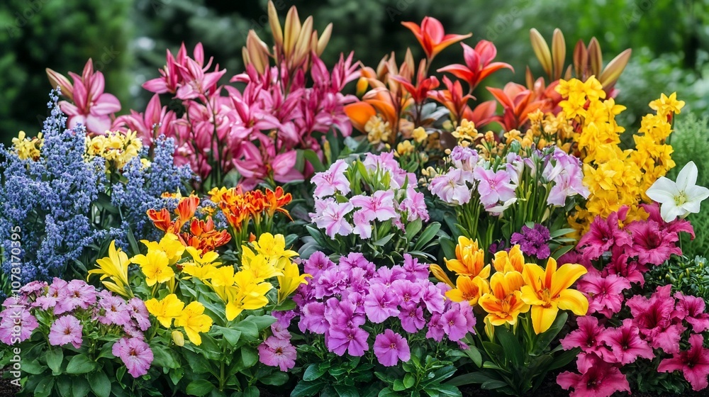 A vibrant mix of colorful flowers in bloom, showcasing a variety of colors, shapes, and textures. A vibrant mix of colorful flowers in bloom, showcasing a variety of colors, shapes, and textures.