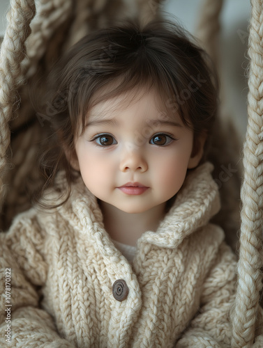 A cute baby sitting in the cradle, beautiful picture, looked at the camera, Generative AI