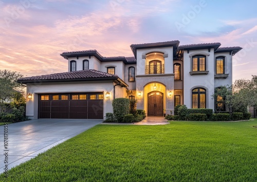 A beautiful white and brown house with a large front yard, a driveway, and a lush green lawn. The house has a tiled roof, a garage, a balcony, and large windows.