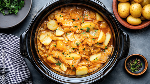 Top view of a black ceramic pot containing cooked cabbage and potatoes with herbs, surrounded by fresh potatoes, herbs, and a small dish of peppercorns.