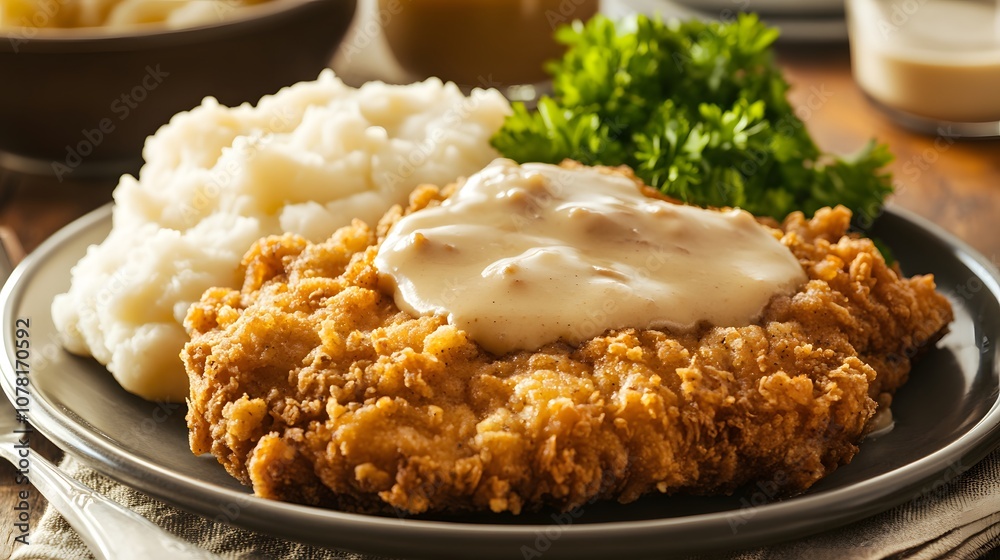 A plate of country fried steak, breaded and fried beef steak served with gravy and mashed potatoes.
A plate of country fried steak, breaded and fried beef steak served with gravy and mashed potatoes.