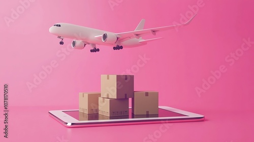 white plane flying over boxes in front of pink wall