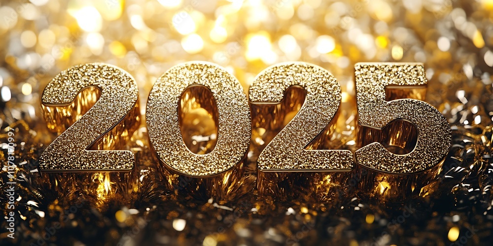 Golden 2025 text with soft bokeh lights in the background for a festive celebration. Golden 2025 text with soft bokeh lights in the background for a festive celebration.