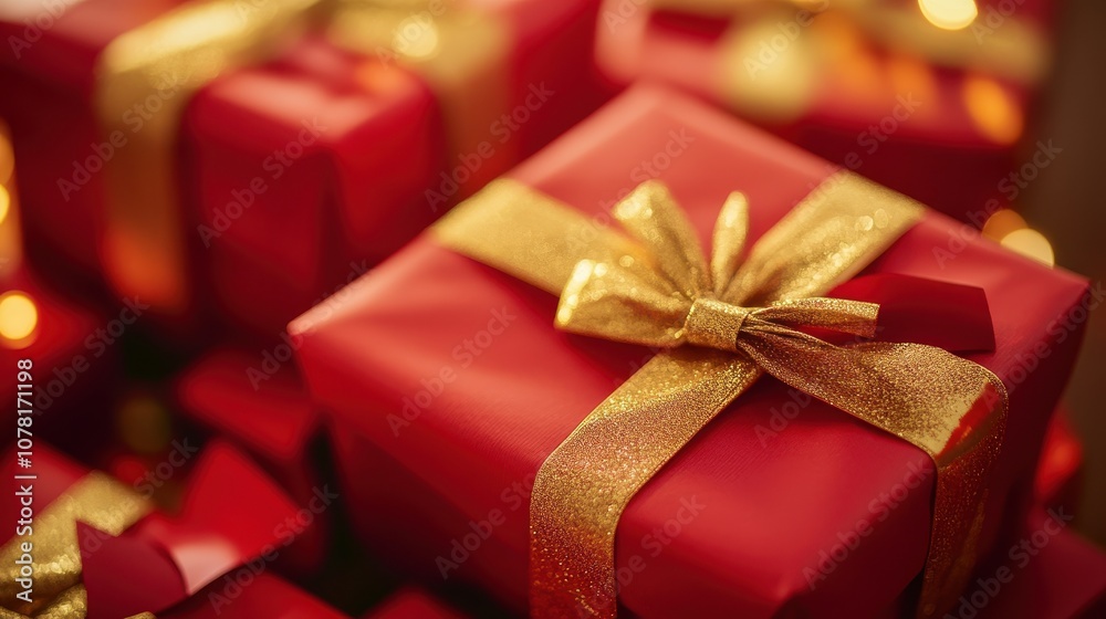 Colorful gifts wrapped in red with gold accents create a festive atmosphere for the New Year Colorful gifts wrapped in red with gold accents create a festive atmosphere for the New Year
