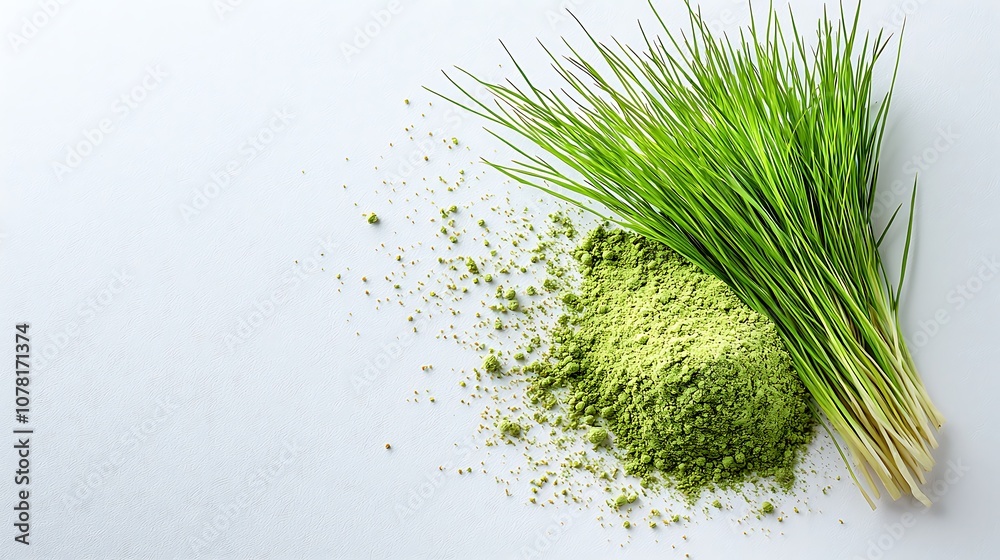 Fototapeta premium Barley grass with barley powder is a nutrient dense superfood rich in vitamins, minerals, and antioxidants