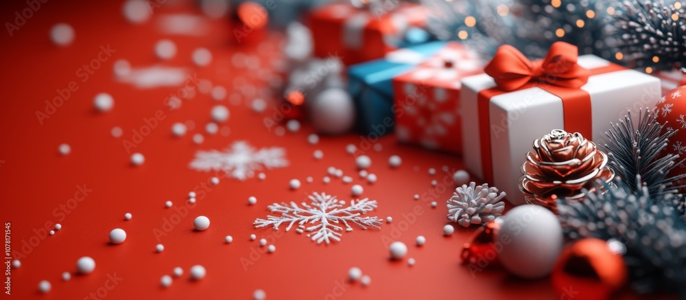 Fototapeta premium Festive Christmas Scene with Wrapped Gifts, Snowflakes, and Pine Cones on a Red Background with Sparkling Lights.