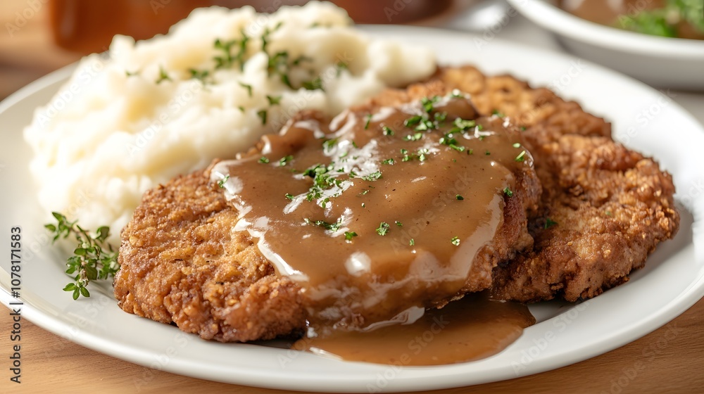 A plate of country fried steak, breaded and fried beef steak served with gravy and mashed potatoes.
A plate of country fried steak, breaded and fried beef steak served with gravy and mashed potatoes.