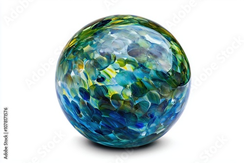 A colorful glass orb featuring a blend of blue and green hues, resembling water or nature.