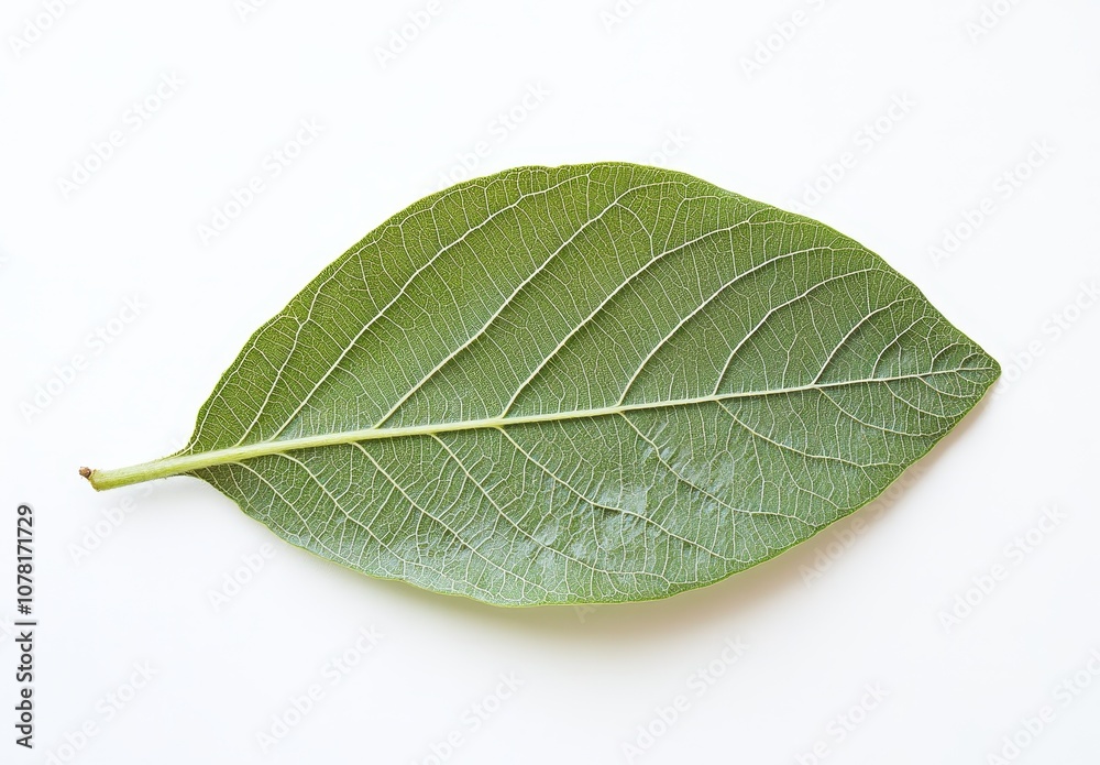 Obraz premium Single green leaf with visible veins isolated on white background.