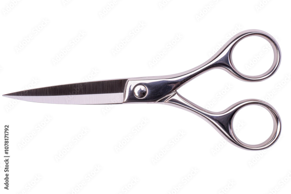 A pair of stainless steel scissors with rounded handles and a sharp blade, designed for cutting various materials. Transparent background. A pair of stainless steel scissors with rounded handles and a sharp blade, designed for cutting various materials. Transparent background.