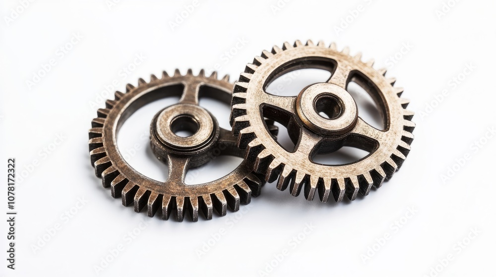Two metal gears interlocked, a symbol of teamwork and collaboration. Two metal gears interlocked, a symbol of teamwork and collaboration.
