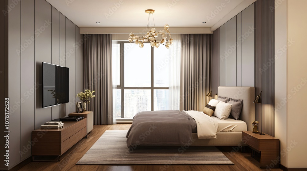 Fototapeta premium Modern Bedroom Interior Design with City View