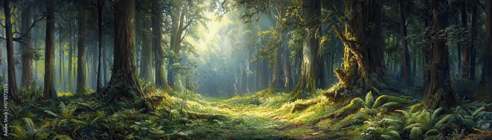 Enchanting Sunlit Forest Path with Lush Greenery and Majestic Trees in a Serene Natural Landscape Enchanting Sunlit Forest Path with Lush Greenery and Majestic Trees in a Serene Natural Landscape