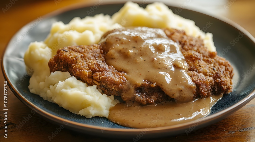 A plate of country fried steak, breaded and fried beef steak served with gravy and mashed potatoes.
A plate of country fried steak, breaded and fried beef steak served with gravy and mashed potatoes.