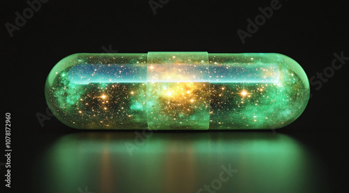 A green pill, resting on a dark surface, contains a miniature galaxy within its transparent casing. The galaxy is filled with stars and a bright, glowing center