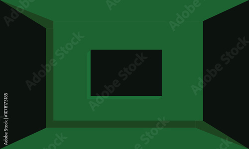 Vector image with symmetrical green and black composition. Black box as focal point, creating a sense of space, ideal for contemporary graphic elements