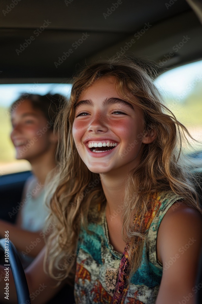 Joyful Young Women Enjoying a Road Trip Adventure in a Car on a Sunny Day with Smiles and Laughter Joyful Young Women Enjoying a Road Trip Adventure in a Car on a Sunny Day with Smiles and Laughter