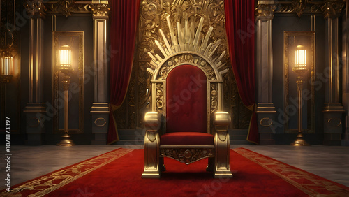 Arafed throne with red carpet and gold decoration in a room