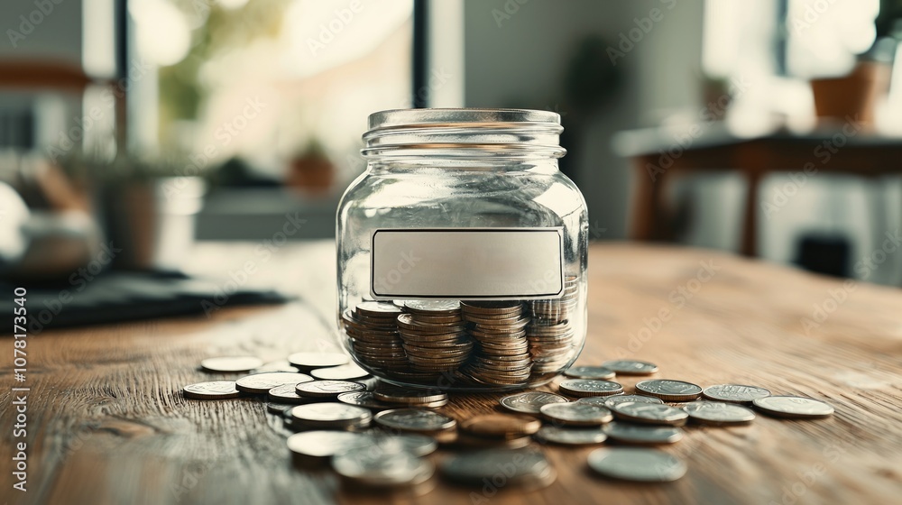 Jar filled with coins on a wooden table, representing saving and financial growth. Jar filled with coins on a wooden table, representing saving and financial growth.