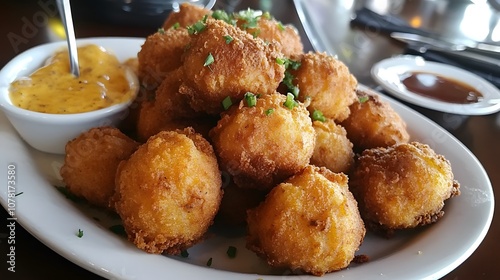 A plate of hush puppies, deep-fried cornmeal dough balls served as a side with fried fish or chicken.


 photo