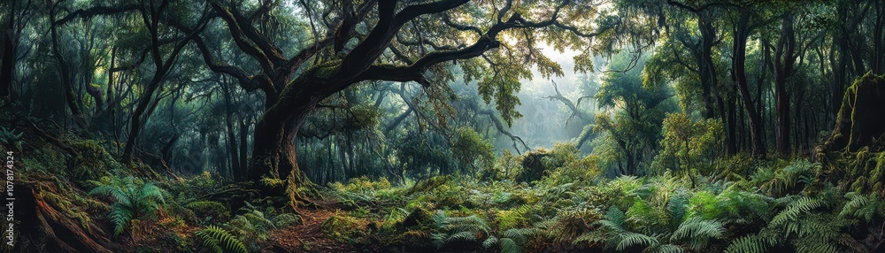 Obraz premium Enchanting Forest Landscape with Lush Greenery and Sunlight Filtering Through Ancient Trees in a Serene Natural Setting