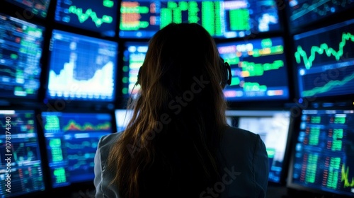 A female trader analyzing financial data on multiple screens in a modern trading environment. photo